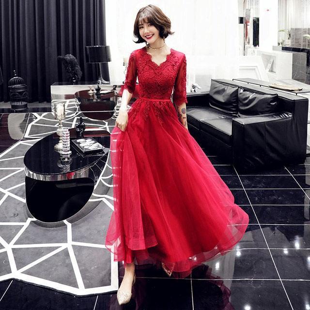 イブニングドレス ワイン赤 パーティードレス 袖あり 7分袖 Aラインドレス フォーマル 二次会 お呼ばれ 結婚式ドレス 30代 40代 50代
